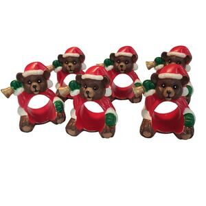 Vintage REED Christmas Holiday Santa Bear Napkin Ring Holders Set of 6